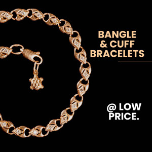 Close-up of a rose gold bangle and cuff bracelet with diamond accents on a black background.