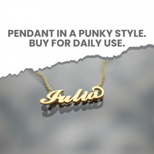Gold name pendant with the name 'Julia' on a grey background.