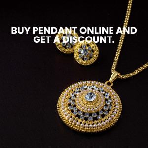 Close-up of a gold pendant and chain with a promotional text 'BUY PENDANT ONLINE AND GET A DISCOUNT.'