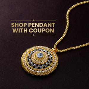 Close-up of a gold pendant necklace with a promotional text overlay.