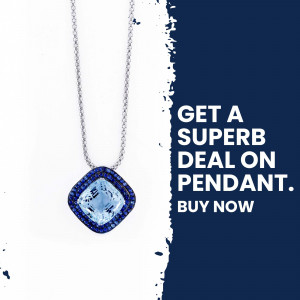 Silver chain with a square blue pendant, advertising a sale.