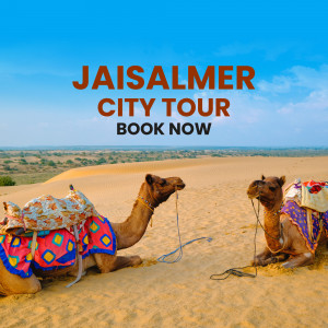 Camels in the desert with Jaisalmer City Tour text overlay