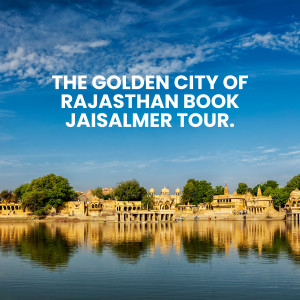 Jaisalmer Fort reflected in water under a blue sky