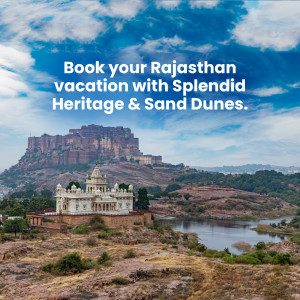 Scenic view of Mehrangarh Fort in Rajasthan with text promoting vacation packages.