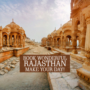 A view of the Jaswant Thada mausoleum in Jodhpur, Rajasthan, with a promotional text overlay.