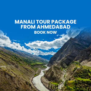 Scenic view of mountains and river promoting a Manali tour package from Ahmedabad