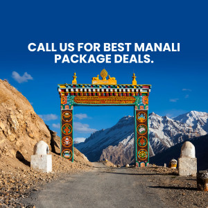 Colorful gate leading to Hadimba Devi Temple in Manali with mountains in the background and text promoting travel packages.
