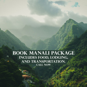 Lush green mountains with text overlay promoting a Manali travel package.