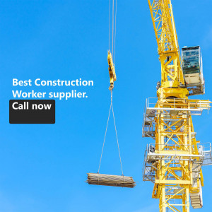 Yellow construction crane against a bright blue sky with text advertising construction worker services.