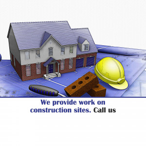 A 3D rendering of a house model on top of a blueprint with construction tools.