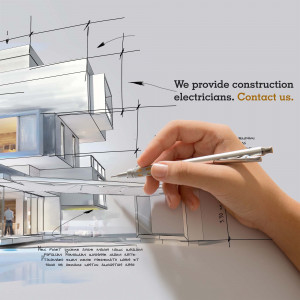 Hand drawing on a construction blueprint with text about construction electricians.
