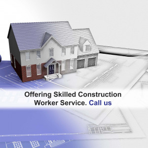 Blueprint with a house model and text 'Offering Skilled Construction Worker Service. Call us'