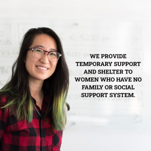 Portrait of a smiling woman with text about providing support and shelter to women in need.