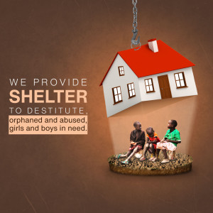 Illustration of a small house hanging from a chain above children in need, representing shelter for the destitute.