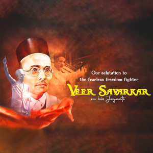 Portrait of Veer Savarkar with a saffron ribbon and text commemorating his Jayanti
