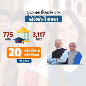 Image showcasing the growth of colleges in Gujarat from 2002 to 2022 with Narendra Modi and a senior official.
