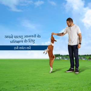 Man training his dog in a field with text in Hindi.