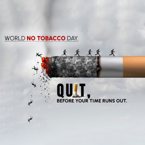 A symbolic image representing World No Tobacco Day, showing people falling off a cigarette as it burns down, with the message 'Quit, before your time runs out'.