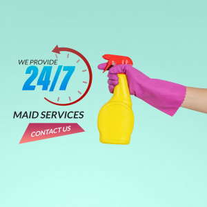 Hand in purple glove holding a spray bottle with a 24/7 clock graphic.