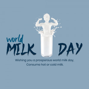 Image depicting a glass of milk with a muscular arm rising from the splash, celebrating World Milk Day.