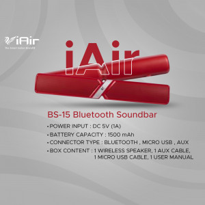 Red iAir BS-15 Bluetooth Soundbar with specifications