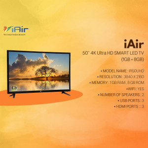 iAir 50 inch 4K Ultra HD Smart LED TV with scenic background