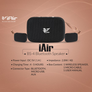 Black iAir BS-4 Bluetooth speaker with two earbuds