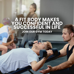 People working out at the gym with motivational text overlay.