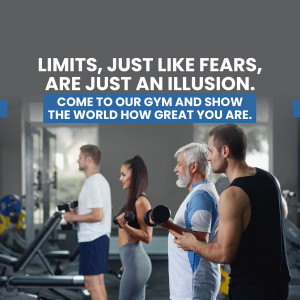 People working out at a gym with motivational text.