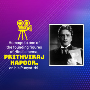 Black and white portrait of Prithviraj Kapoor with a film reel icon.