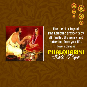Image depicting a priest performing a ritual before Goddess Kali with text wishing blessings for Phalaharini Kali Puja.