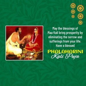 Image depicting a priest performing a ritual before Goddess Kali with a festive Phalaharini Kali Puja message.