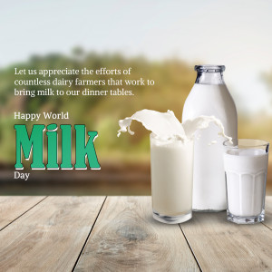 A glass and bottle of milk with a blurred background and text celebrating World Milk Day.