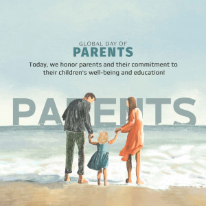 Illustration of a family walking on a beach with text honoring parents.