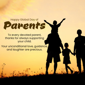 Silhouette of a family with a child on father's shoulders against a sunset background, celebrating Global Day of Parents.