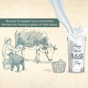 Vintage illustration of a cow being milked with a glass of milk overflowing, promoting local dairy farms.