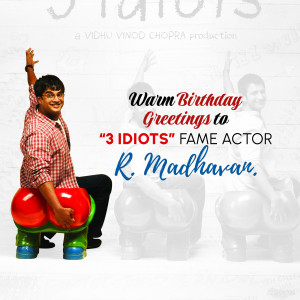 R. Madhavan birthday greeting poster with a playful image.