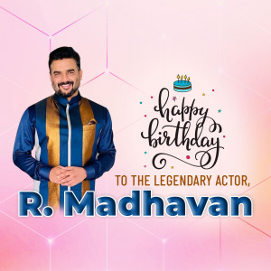 R. Madhavan birthday greeting with cake and celebratory design.