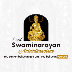 Image of Lord Swaminarayan with text 'Antardhanotsav' and a motivational quote.