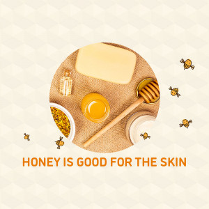Flat lay of honey and skincare products