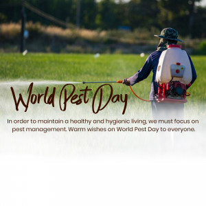A worker spraying pesticides in a field with World Pest Day text overlay.
