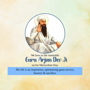 Portrait of Guru Arjan Dev Ji with text commemorating his Martyrdom Day