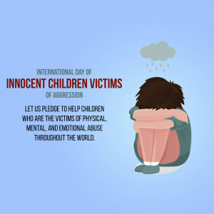 Illustration of a child sitting with head in hands under a rain cloud, representing victims of aggression.