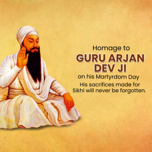 Portrait of Guru Arjan Dev Ji with text commemorating his Martyrdom Day
