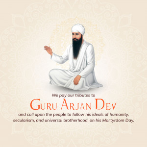 Portrait of Guru Arjan Dev with tribute text