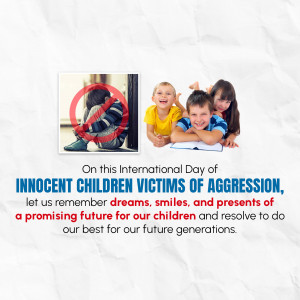 Image commemorating the International Day of Innocent Children Victims of Aggression, showing happy children alongside a crossed-out image of a distressed child.