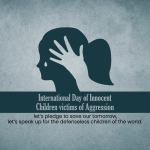 Silhouette of a woman's face with a hand reaching out, symbolizing protection against aggression, with text commemorating the International Day of Innocent Children Victims of Aggression.