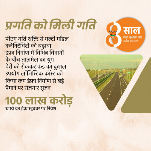 Image depicting infrastructure development with a highway and text in Hindi celebrating 8 years of progress.