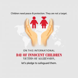 Hands cradling child figures over a world map with text promoting child protection.