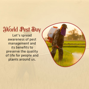 A farmer spraying pesticides in a field with the text 'World Pest Day - Let's spread awareness of pest management'.